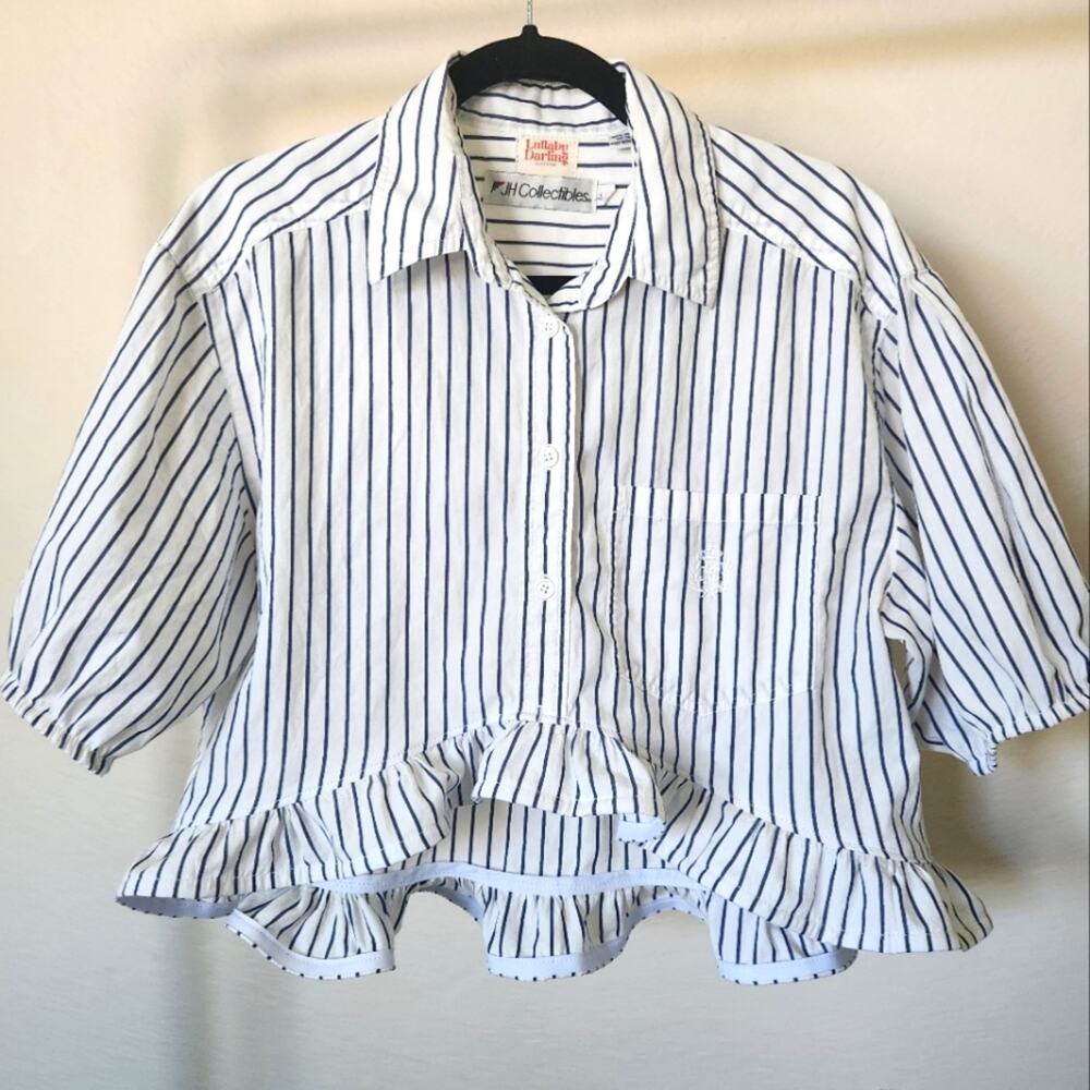 Upcycled Button-Down Cropped Spring Cotton Ruffle White Striped Blouse Size M